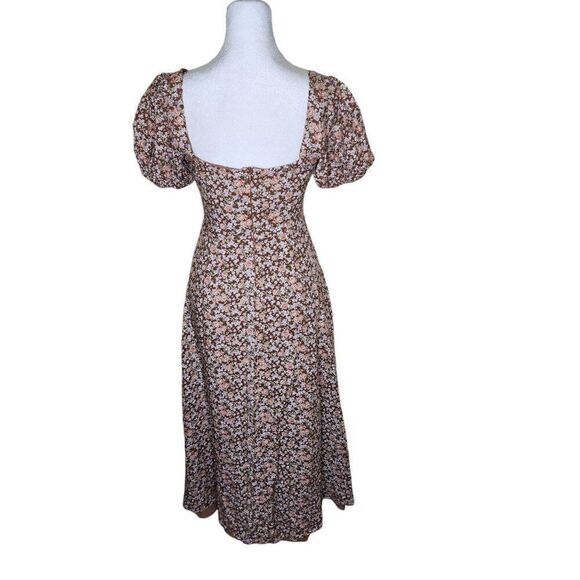 ASTR Milkmaid Puff Sleeve Grunge Midi Dress Women XS Brown Floral - Picture 3 of 8